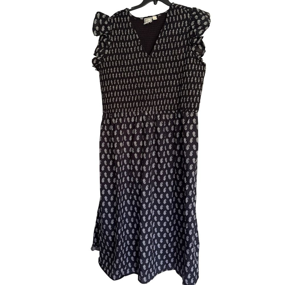 LEA Women 2X Black Paisley Smocked Midi Dress V-Neck Ruffle Sleeve Cotton Pocket